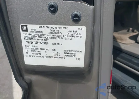 2001 Chevrolet Tahoe Lt from USA, damaged, VIN 1GNEK13T61R213700